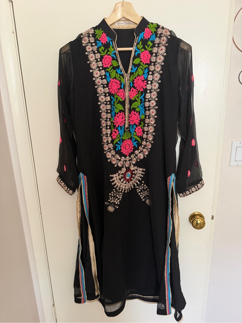 Original Creations Black Embroidered Floral Dress Maxi Lagenlook SZ M Festival